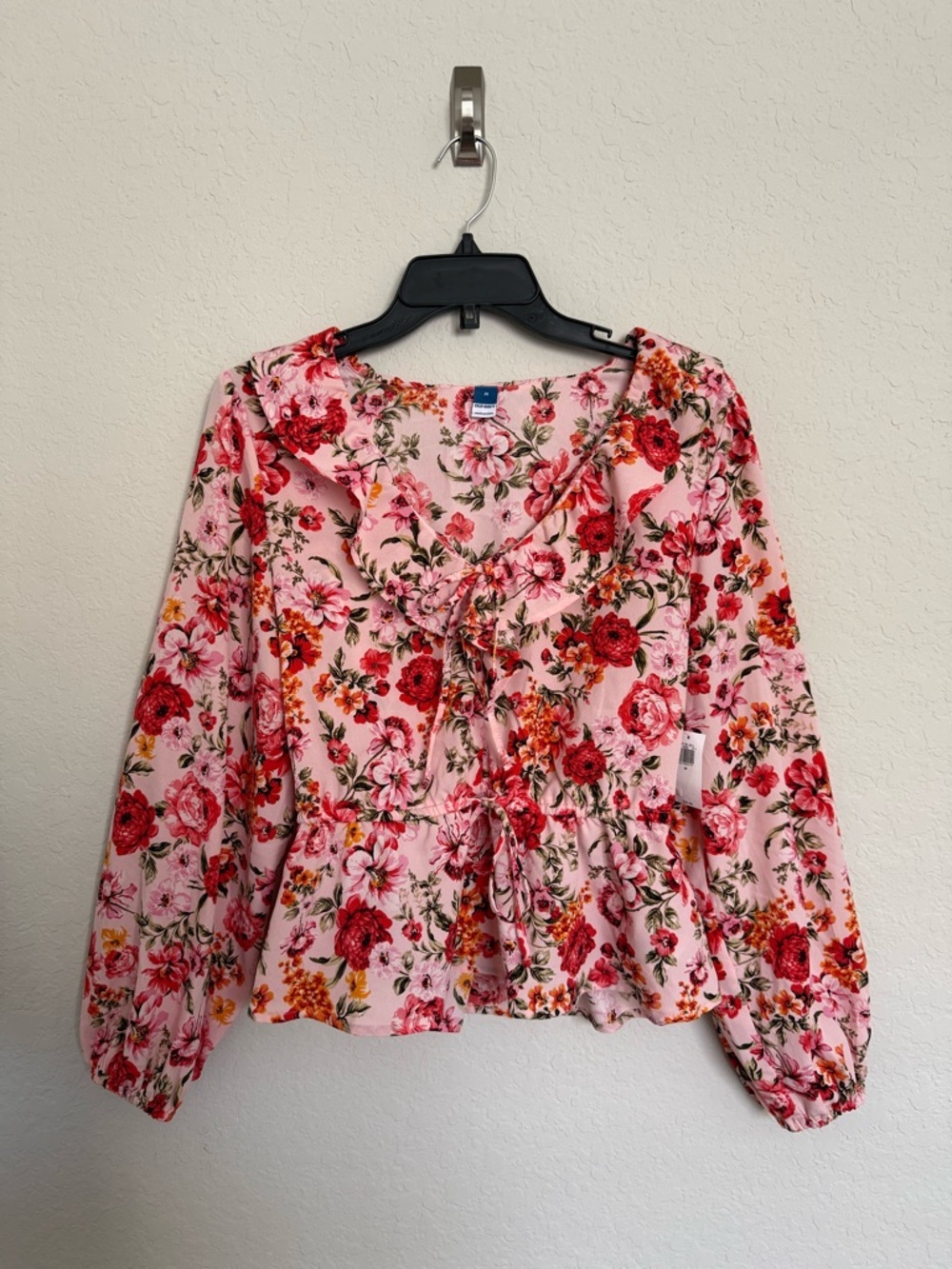 NWT Old Navy Pink Floral Ruffle Peplum Blouse Sz M Bubble Sleeves Coquette Boho